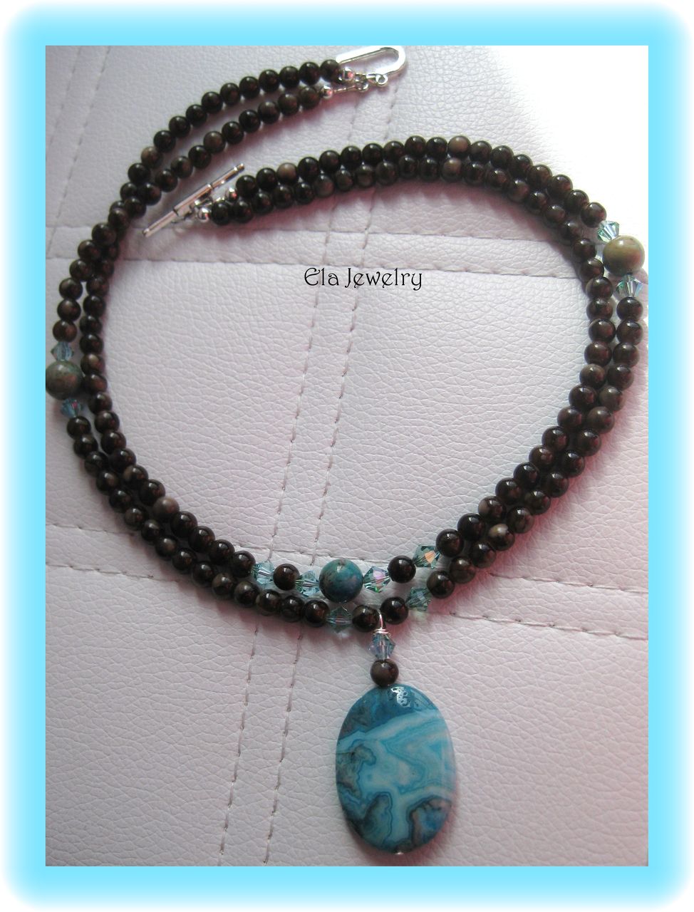 Two Strand Blue Crazy Lace Agate Pendant with Dark Brown Glass Necklace Two Strand Blue Crazy Lace Agate Pendant with Dark Brown Glass Necklace