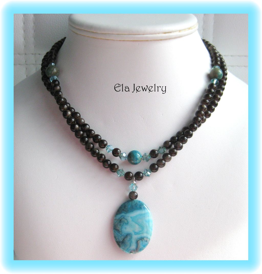 Two Strand Blue Crazy Lace Agate Pendant with Dark Brown Glass Necklace Two Strand Blue Crazy Lace Agate Pendant with Dark Brown Glass Necklace