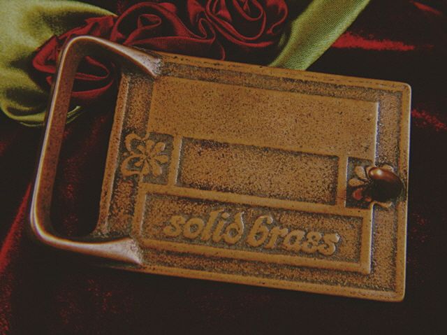 Vintage 1960s Solid Brass Genuine Leather and Genuine Fossil Belt Buckle Vintage 1960s Solid Brass Genuine Leather and Genuine Fossil Belt Buckle