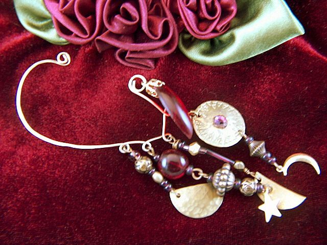 Vintage Ear Wrap ~ Moon, Stars, Red Lucite & Red Glass ~ signed Vintage Ear Wrap ~ Moon, Stars, Red Lucite & Red Glass ~ signed
