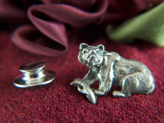 Vintage Sterling Silver Grizzly Bear and Trout Tie Tac - Lapel Pin Vintage Sterling Silver Grizzly Bear and Trout Tie Tac - Lapel Pin