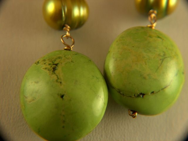 Vintage Dyed Green Howlite and Pearl Pierced Earrings - Gold Filled Vintage Dyed Green Howlite and Pearl Pierced Earrings - Gold Filled
