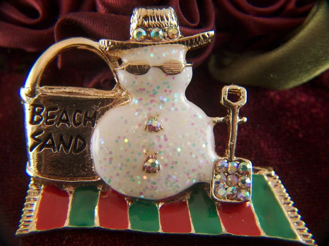 Vintage signed TC Christmas Enamel Rhinestone BEACH SAND Snowman Brooch Pin Vintage signed TC Christmas Enamel Rhinestone BEACH SAND Snowman Brooch Pin