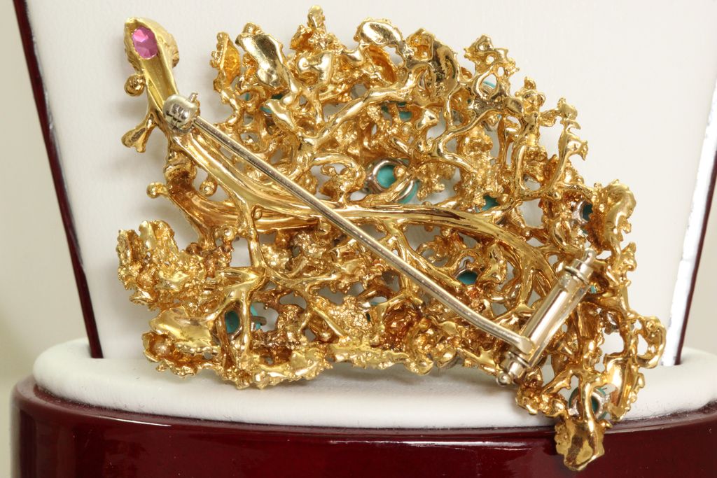 Estate 18K Diamond Turquoise Ruby Brooch Estate 18K Diamond Turquoise Ruby Brooch
