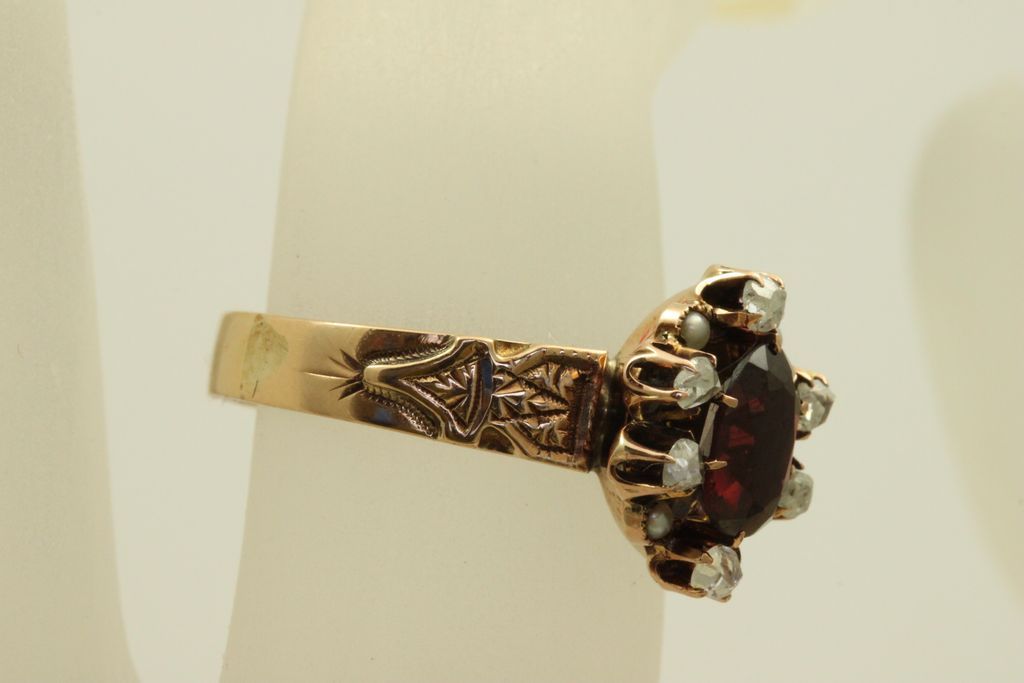 Vintage 14 K Garnet Rose Cut Diamonds Seed Pearl Ring Vintage 14 K Garnet Rose Cut Diamonds Seed Pearl Ring