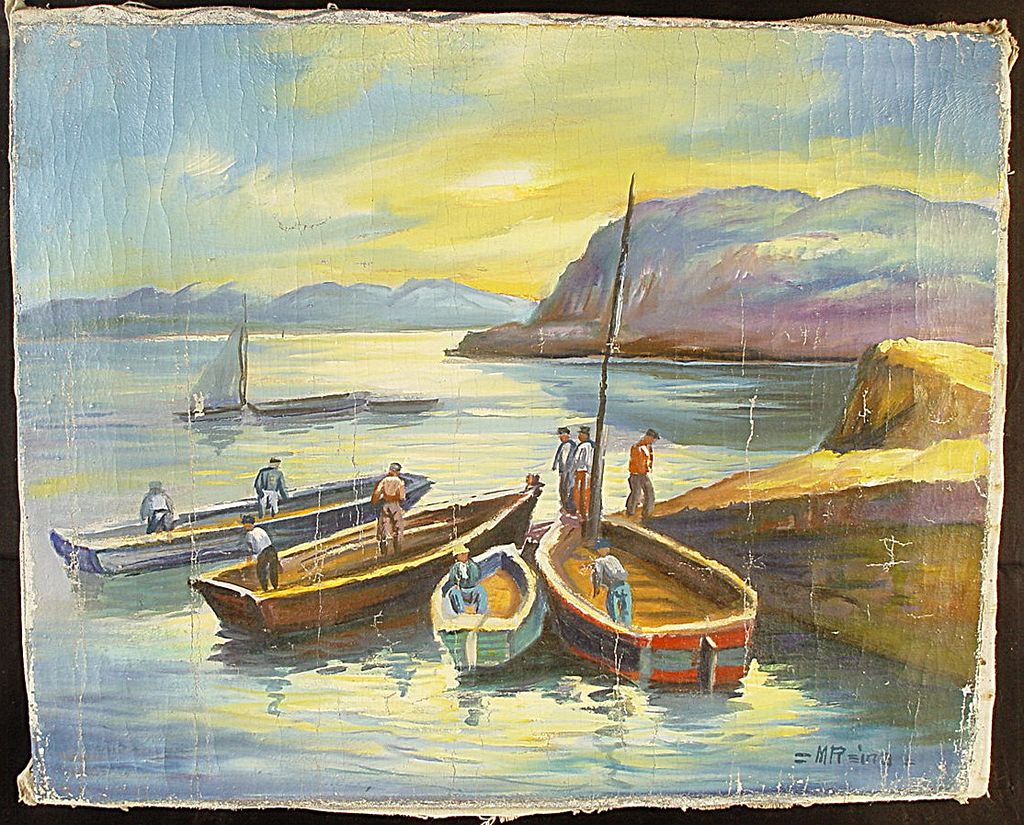 Antique Oil On Canvas Seascape Signed Reina Antique Oil On Canvas Seascape Signed Reina