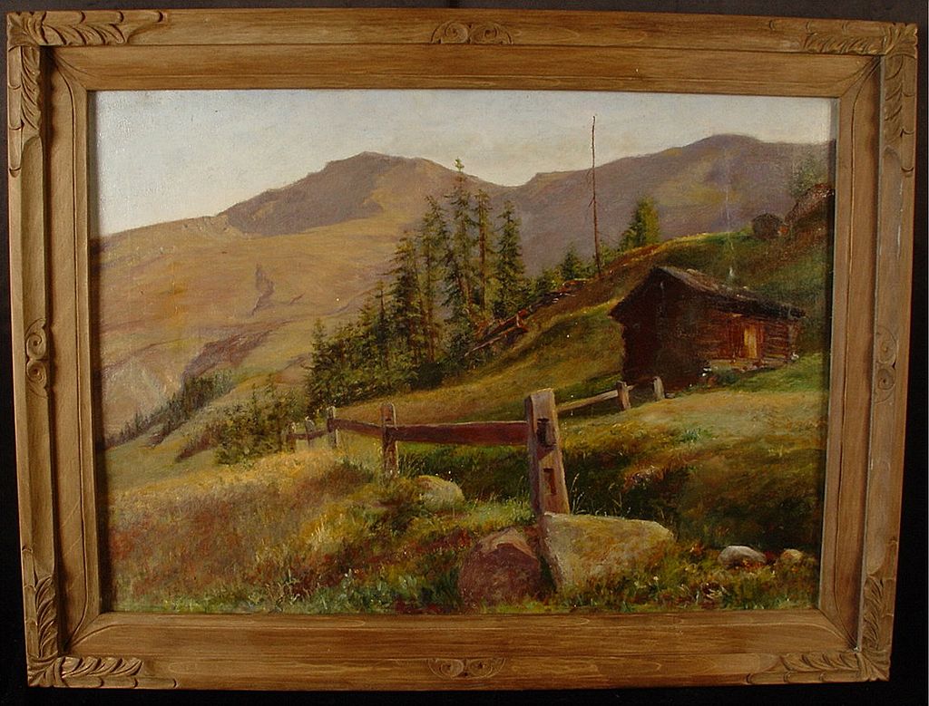Vintage 1914 Western Mountain Scene Carved Period Frame Vintage 1914 Western Mountain Scene Carved Period Frame