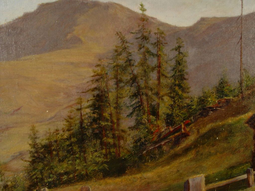 Vintage 1914 Western Mountain Scene Carved Period Frame Vintage 1914 Western Mountain Scene Carved Period Frame