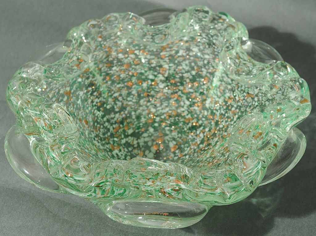 Unique Hand Blown Art Glass Ashtray or Dish Clear & Green Unique Hand Blown Art Glass Ashtray or Dish Clear & Green