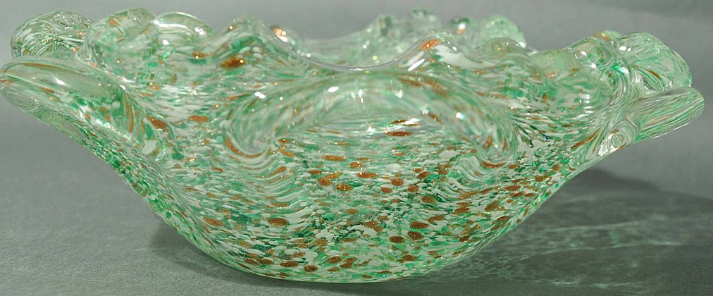 Unique Hand Blown Art Glass Ashtray or Dish Clear & Green Unique Hand Blown Art Glass Ashtray or Dish Clear & Green