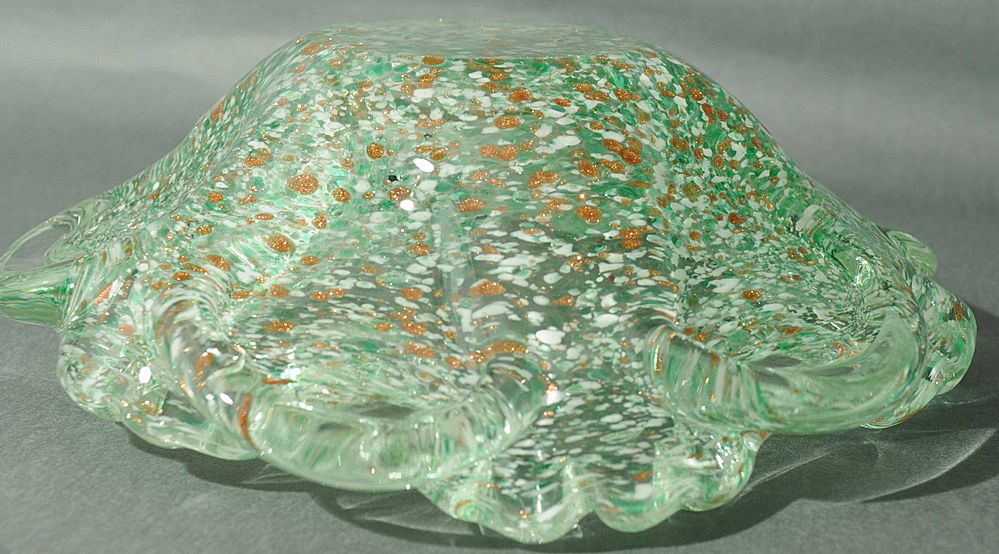 Unique Hand Blown Art Glass Ashtray or Dish Clear & Green Unique Hand Blown Art Glass Ashtray or Dish Clear & Green