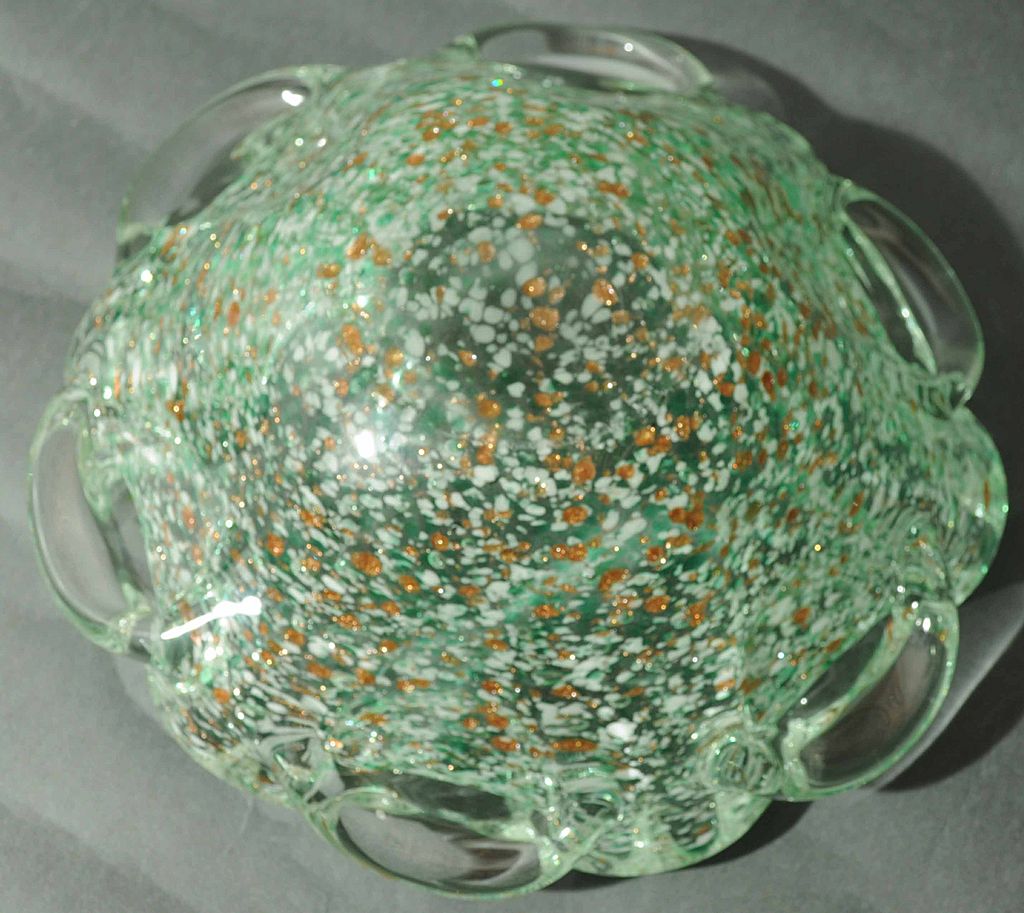 Unique Hand Blown Art Glass Ashtray or Dish Clear & Green Unique Hand Blown Art Glass Ashtray or Dish Clear & Green