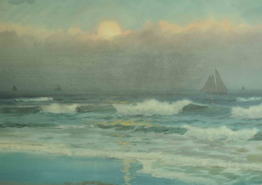 Outstanding Large Watercolor Seascape Sailing Ships off the Shore Outstanding Large Watercolor Seascape Sailing Ships off the Shore