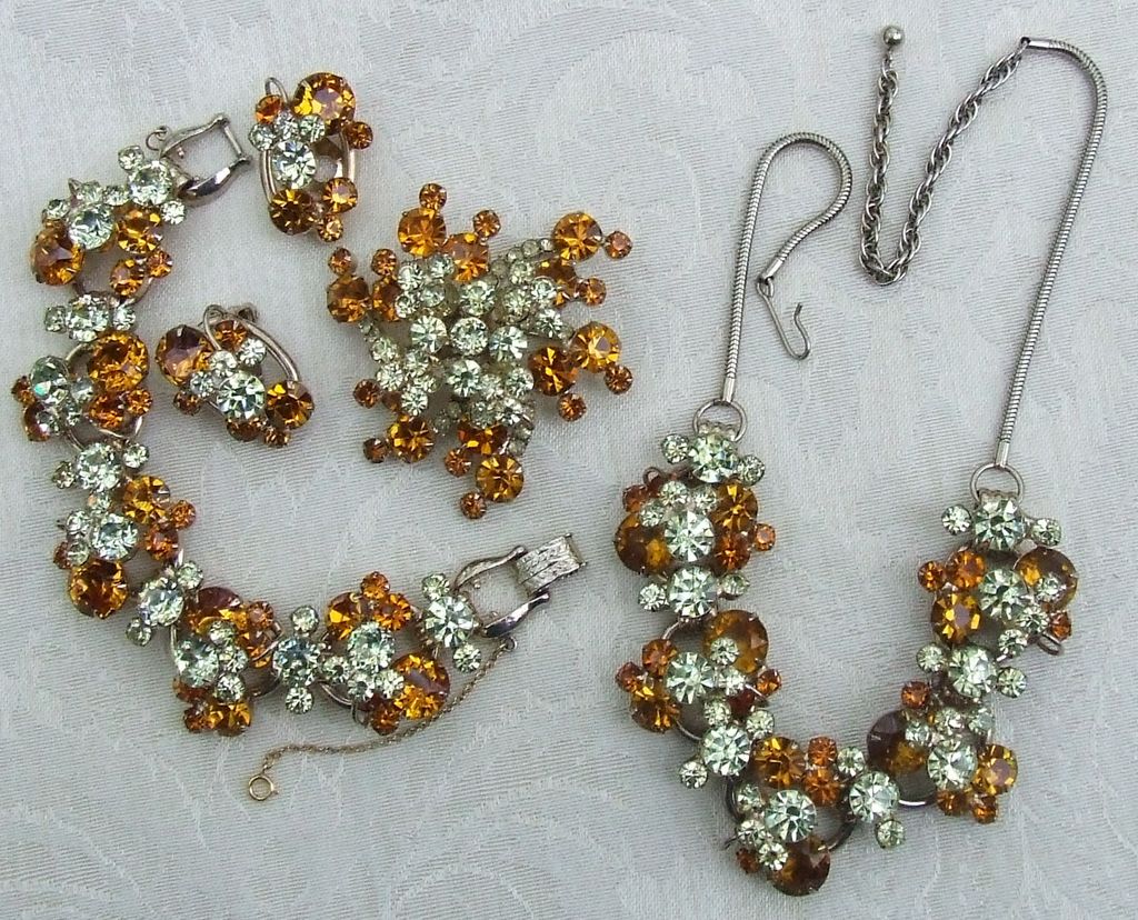 "Book Piece" D&E Juliana Amber & Jonquil Rhinestone Grand Parure from