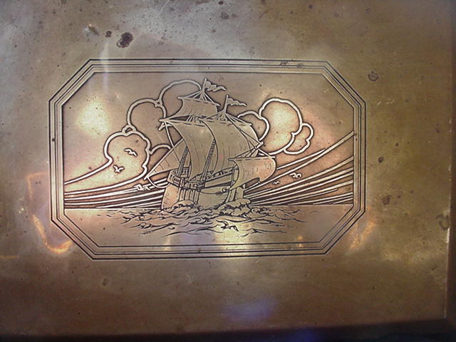 Brass Clad Box with Square-Rigged Ship Design Etched on Lid Brass Clad Box with Square-Rigged Ship Design Etched on Lid
