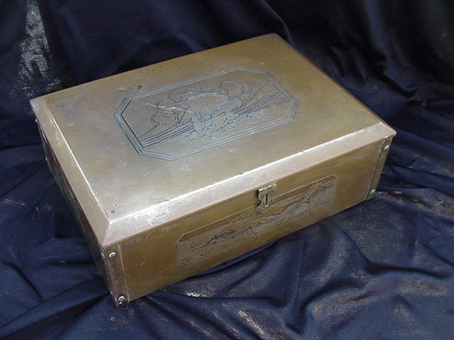 Brass Clad Box with Square-Rigged Ship Design Etched on Lid Brass Clad Box with Square-Rigged Ship Design Etched on Lid
