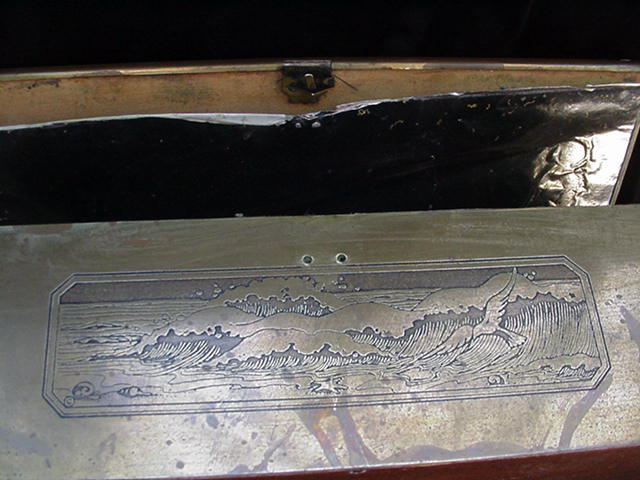 Brass Clad Box with Square-Rigged Ship Design Etched on Lid Brass Clad Box with Square-Rigged Ship Design Etched on Lid
