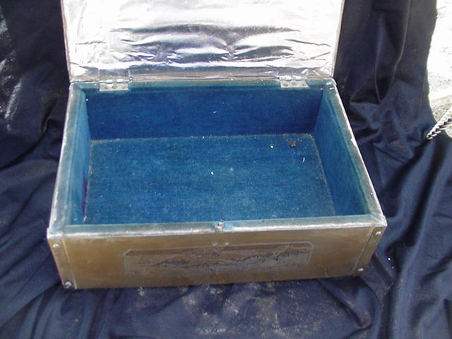 Brass Clad Box with Square-Rigged Ship Design Etched on Lid Brass Clad Box with Square-Rigged Ship Design Etched on Lid