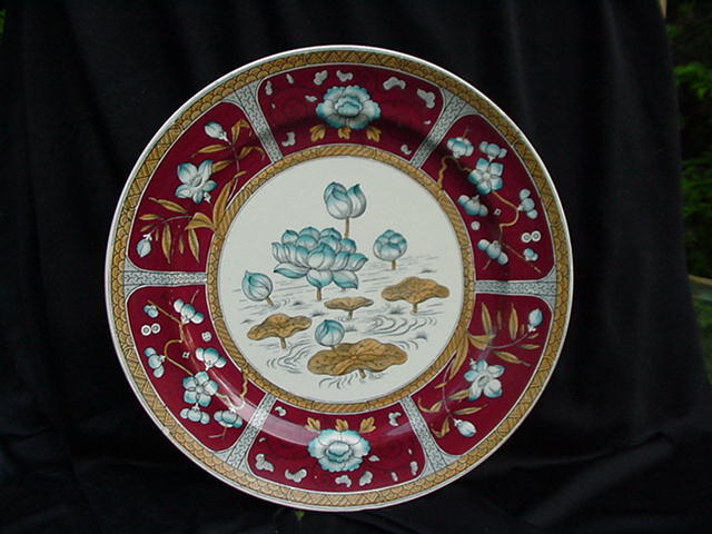 English Pottery Dinner Plate, 1883, C & W Japan, Late Mayers, Lily Pads English Pottery Dinner Plate, 1883, C & W Japan, Late Mayers, Lily Pads
