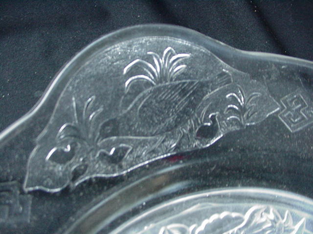 EAPG Plate, Girl w Basket in Garden, Clear Glass, Double Handle EAPG Plate, Girl w Basket in Garden, Clear Glass, Double Handle