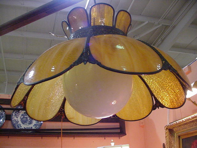 Tulip Style Hanging Fixture, Opaque Amber-Colored Panels, Globe Light in Center Tulip Style Hanging Fixture, Opaque Amber-Colored Panels, Globe Light in Center