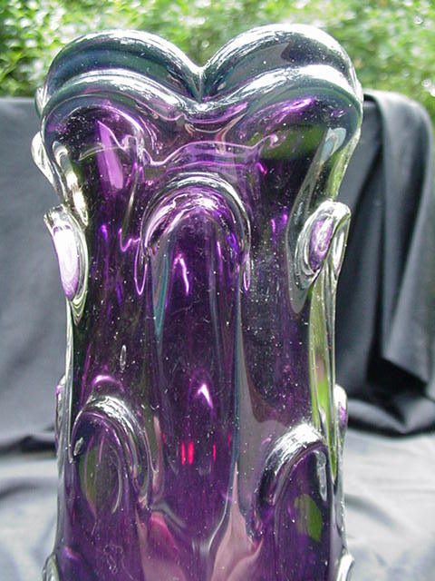 Vintage Amethyst and Clear Art Glass Vase, Pulled Sides Vintage Amethyst and Clear Art Glass Vase, Pulled Sides