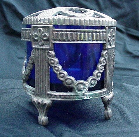 Reticulated Silverplated Potpourri w Pierced Lid, Cobalt Liner Reticulated Silverplated Potpourri w Pierced Lid, Cobalt Liner