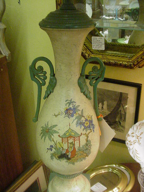 NYC Designer Paul Hanson Painted Metal Lamp, Pagoda, Figures, Mid-Century Design NYC Designer Paul Hanson Painted Metal Lamp, Pagoda, Figures, Mid-Century Design