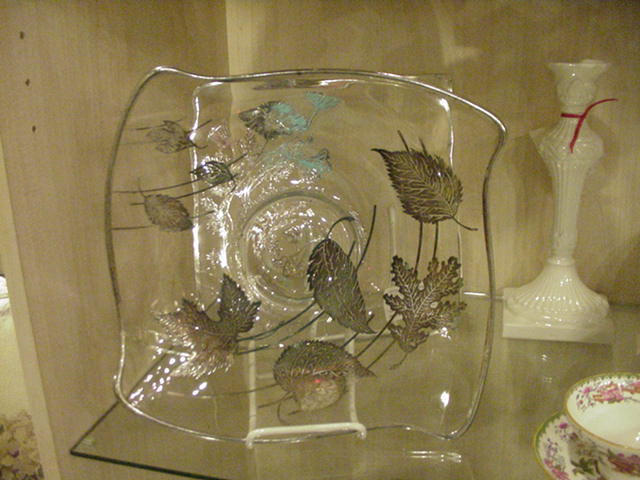 Silver Overlay Crystal Tray/Plate, Mid-Century Style, Falling Leaves Motif Silver Overlay Crystal Tray/Plate, Mid-Century Style, Falling Leaves Motif