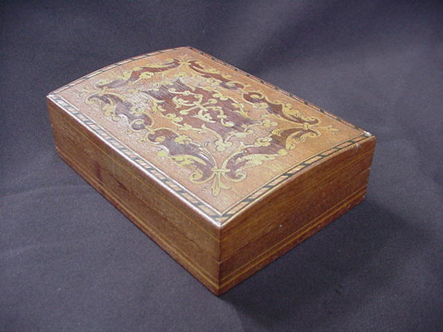 Inlaid Wood Veneer Box, String Inlay, Dolphin Motif, Birds, Floral Flourishes Inlaid Wood Veneer Box, String Inlay, Dolphin Motif, Birds, Floral Flourishes