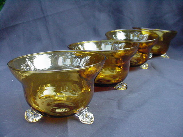 Set of Six Amber Crystal Bowls, Applied Clear Feet Set of Six Amber Crystal Bowls, Applied Clear Feet