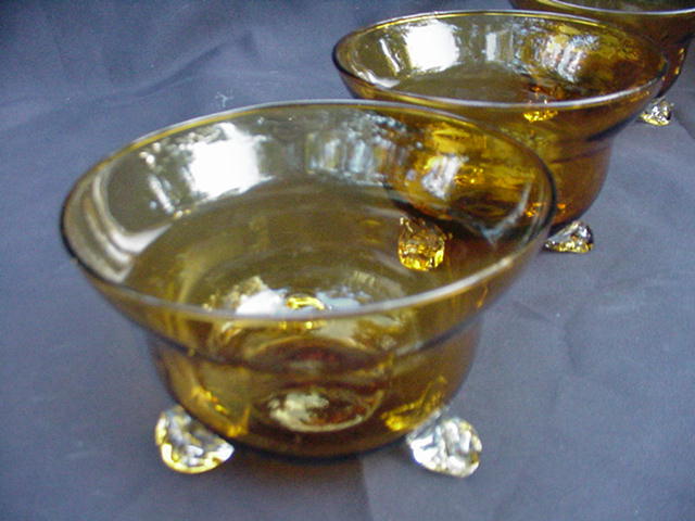 Set of Six Amber Crystal Bowls, Applied Clear Feet Set of Six Amber Crystal Bowls, Applied Clear Feet