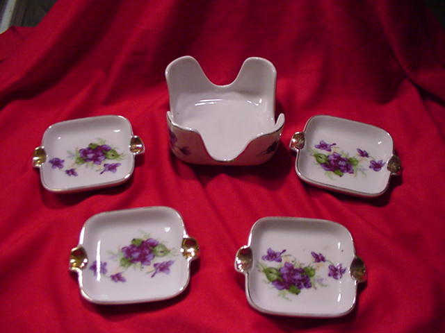 Lefton China Cigarette Tray w Four Individual Ashtray, Spring Violets Lefton China Cigarette Tray w Four Individual Ashtray, Spring Violets