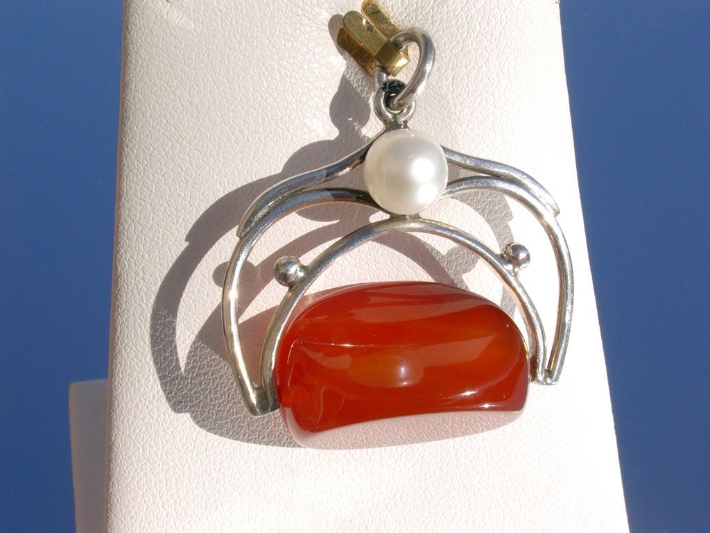 Sterling Vintage Inspired Carnelian/Freshwater Pearl FOB Pendant Sterling Vintage Inspired Carnelian/Freshwater Pearl FOB Pendant