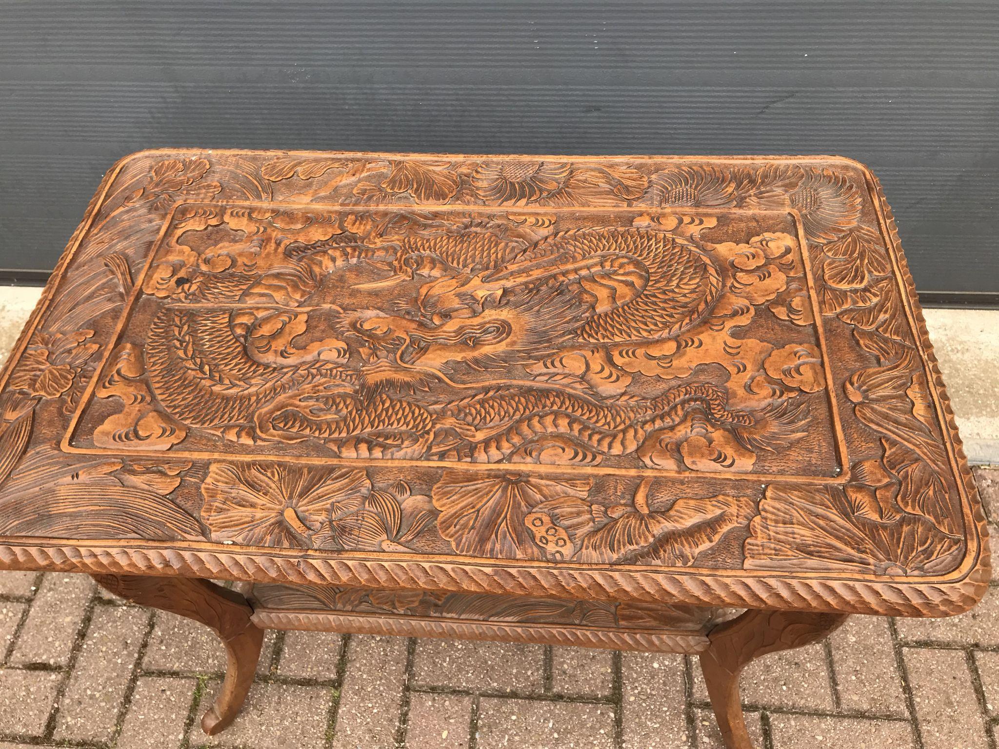 Art Nouveau Carved Wood Table with Sunflowers and Dragon Art Nouveau Carved Wood Table with Sunflowers and Dragon