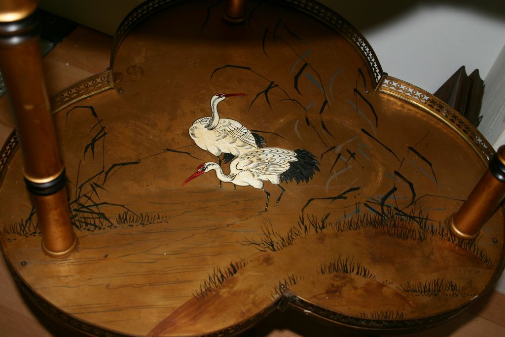 Vintage Painted Faux Bamboo Wooden Table, Japanese Style with Stork or Heron Vintage Painted Faux Bamboo Wooden Table, Japanese Style with Stork or Heron