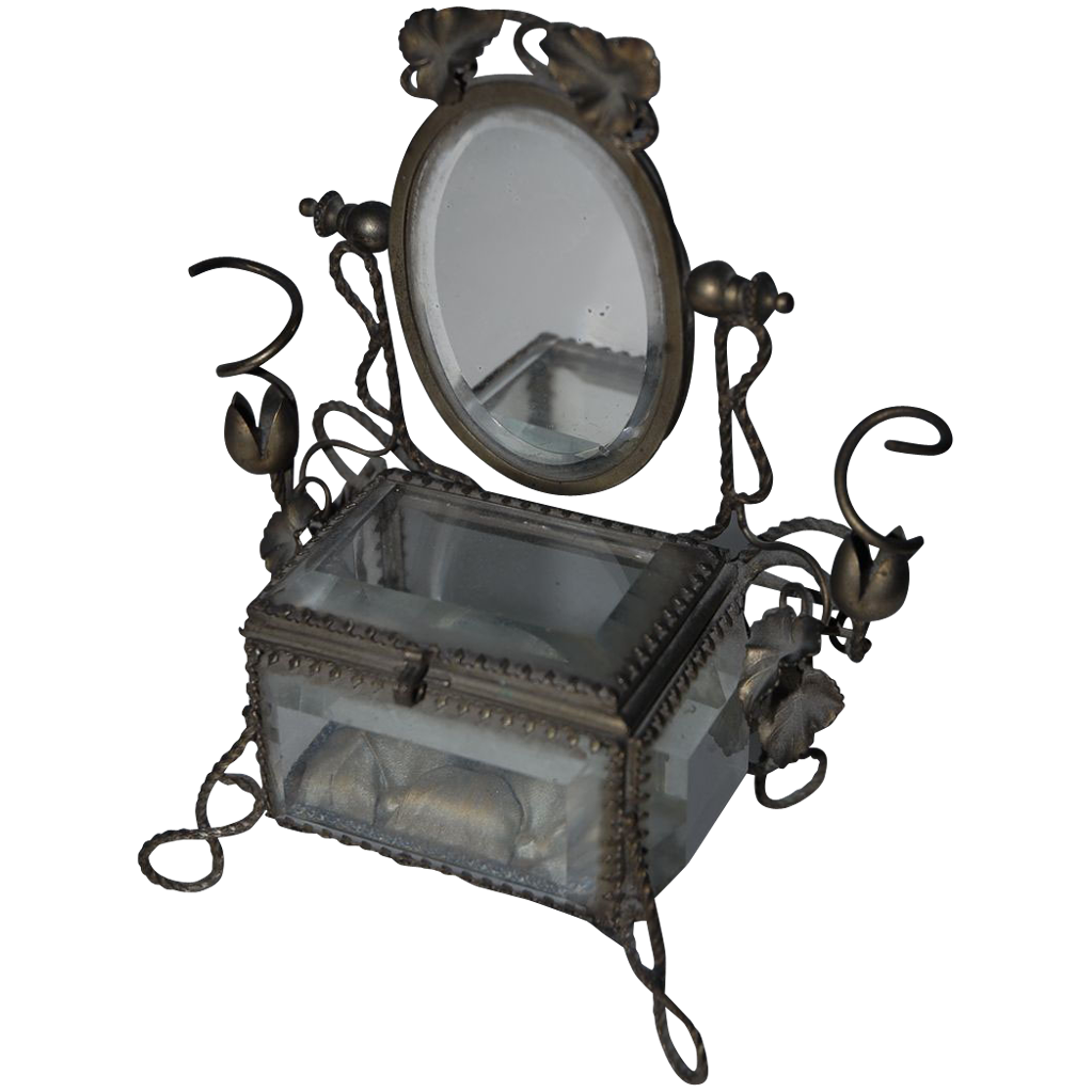 Fine Art Nouveau Beveled Glass Jewelry Display Casket Box with Mirror Stand Fine Art Nouveau Beveled Glass Jewelry Display Casket Box with Mirror Stand