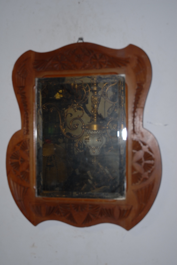 An Antique Folk Art Fine Carved Wood Wall Mirror An Antique Folk Art Fine Carved Wood Wall Mirror