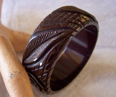 Vintage BAKELITE Bangle Jet Black Bakelite Carved Very Deeply Floral Motif Striking! Vintage BAKELITE Bangle Jet Black Bakelite Carved Very Deeply Floral Motif Striking!