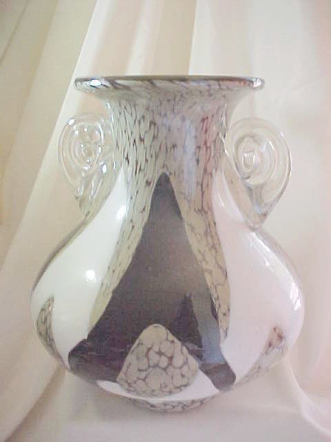 Large Murano Black White TanSpeckled Vase Urn