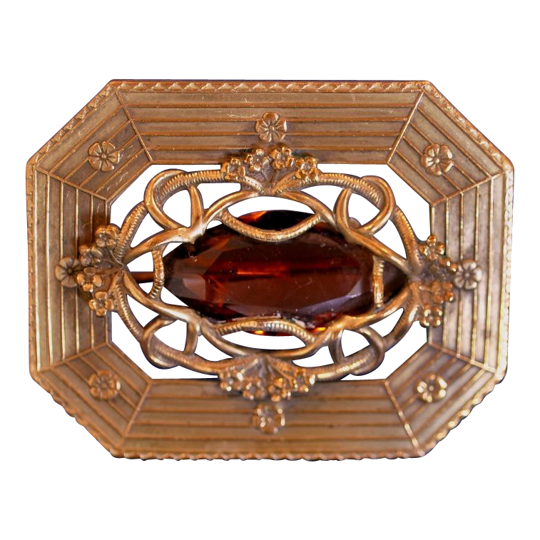 Art Nouveau Sash Ornament Pin with Faceted Amber Stone and C-Clasp Art Nouveau Sash Ornament Pin with Faceted Amber Stone and C-Clasp