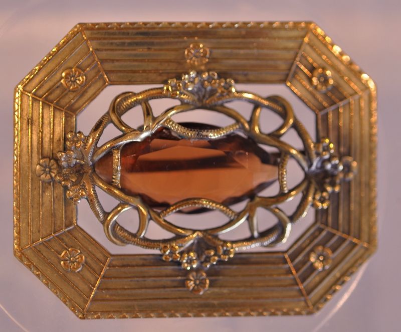 Art Nouveau Sash Ornament Pin with Faceted Amber Stone and C-Clasp Art Nouveau Sash Ornament Pin with Faceted Amber Stone and C-Clasp