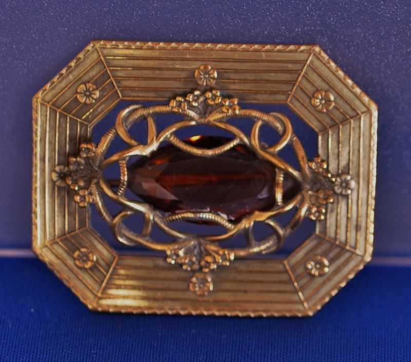 Art Nouveau Sash Ornament Pin with Faceted Amber Stone and C-Clasp Art Nouveau Sash Ornament Pin with Faceted Amber Stone and C-Clasp