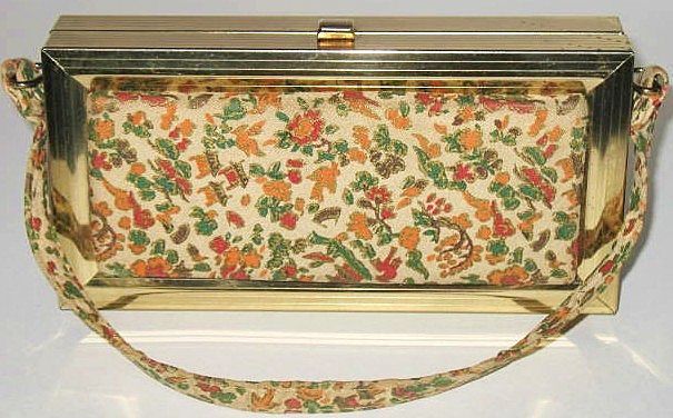 1950s Vintage Lovely Box Purse with Floral Fabric Panels 1950s Vintage Lovely Box Purse with Floral Fabric Panels