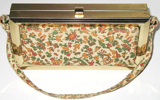 1950s Vintage Lovely Box Purse with Floral Fabric Panels 1950s Vintage Lovely Box Purse with Floral Fabric Panels