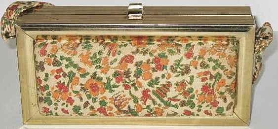 1950s Vintage Lovely Box Purse with Floral Fabric Panels 1950s Vintage Lovely Box Purse with Floral Fabric Panels