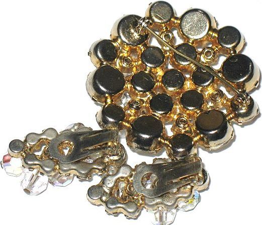 1950s Brilliant D&E Rhinestones with Dangling AB Beads Pin & Earrings Demi 1950s Brilliant D&E Rhinestones with Dangling AB Beads Pin & Earrings Demi
