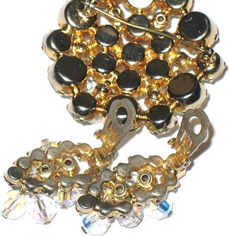 1950s Brilliant D&E Rhinestones with Dangling AB Beads Pin & Earrings Demi 1950s Brilliant D&E Rhinestones with Dangling AB Beads Pin & Earrings Demi