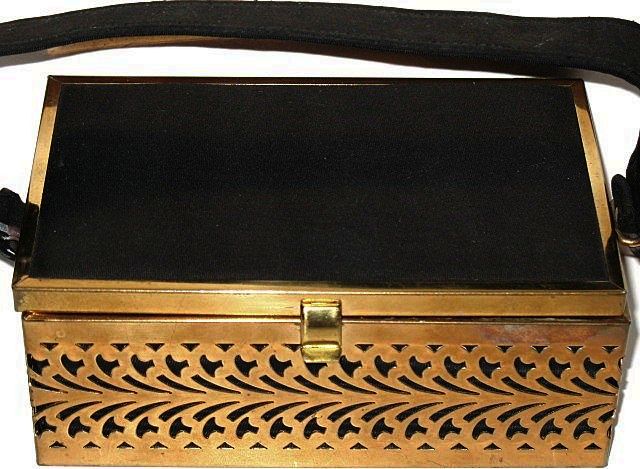 1950s Fabric Topped Metal Footed Box Purse 1950s Fabric Topped Metal Footed Box Purse