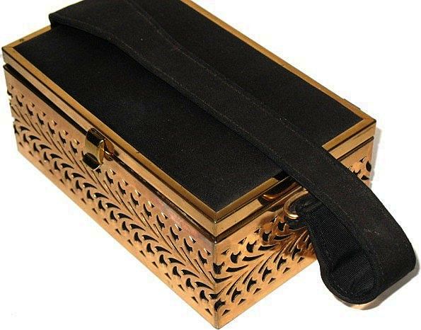 1950s Fabric Topped Metal Footed Box Purse 1950s Fabric Topped Metal Footed Box Purse